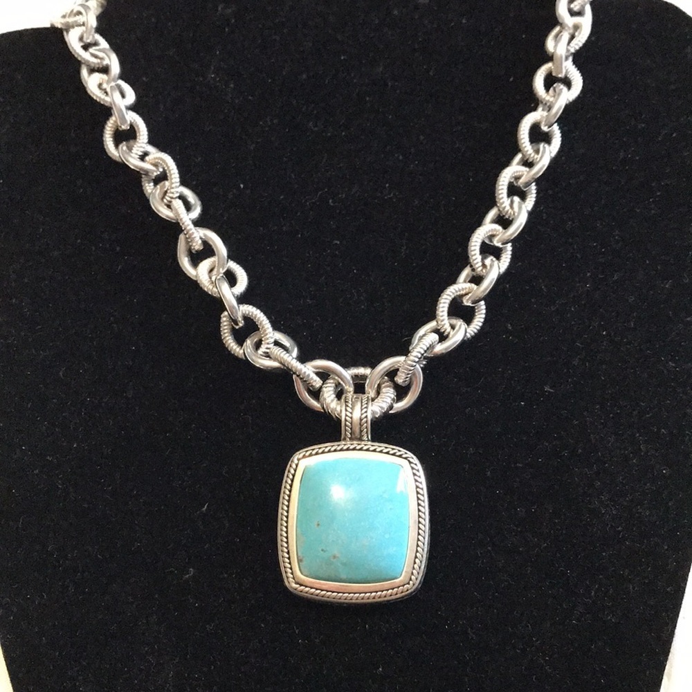 Luxury Judith Ripka Sterling .925 Rolo Link Neck chain w/Turquoise Pendant